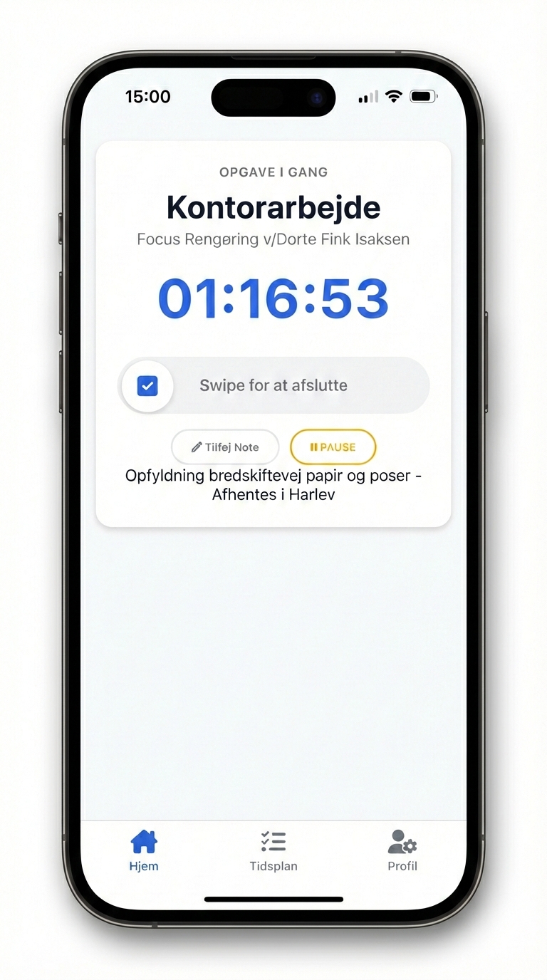 KlokIn App Startskærm med Swipe for at starte