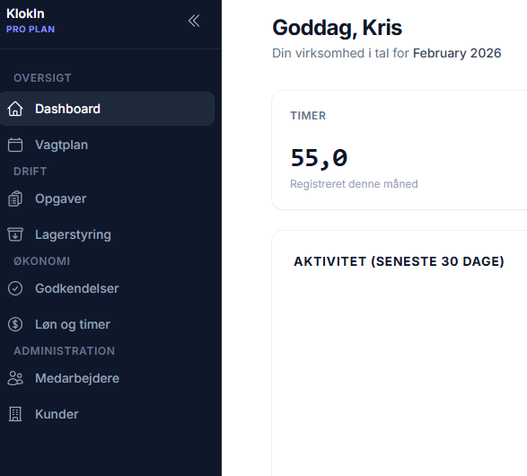 KlokIn dashboard første version